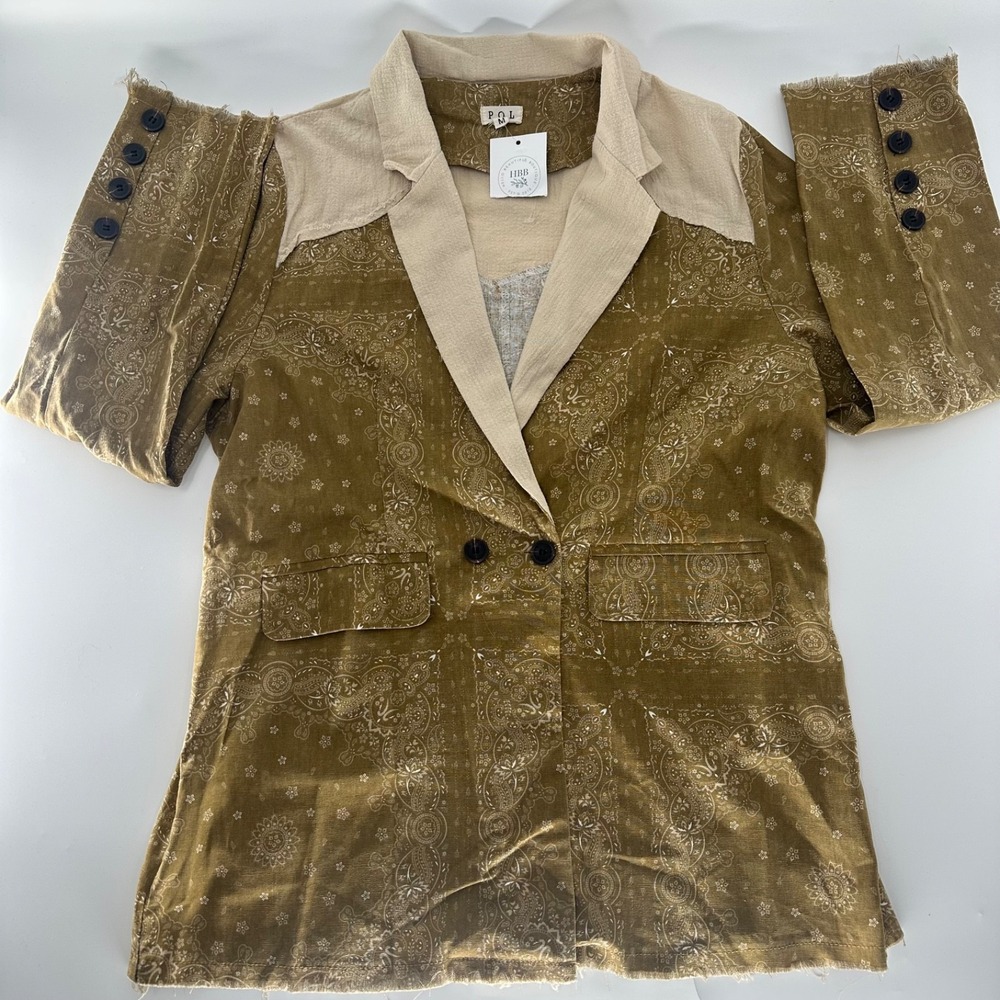 POL Olive Green Paisley Print Boho Blazer Jacket Star Patch Linen Blend Women's